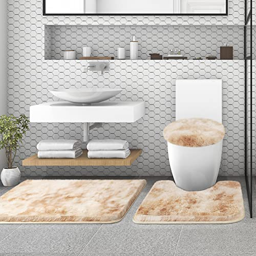 Badezimmerteppich Set 3 teilig, rutschfest Waschbar Badvorleger Set, Kunstfell Flauschige Hochflor Saugfähig Badematte Badteppich Set mit Deckel für Toilettendeckel(50x80cm+50x50cm+38x47cm Beige)