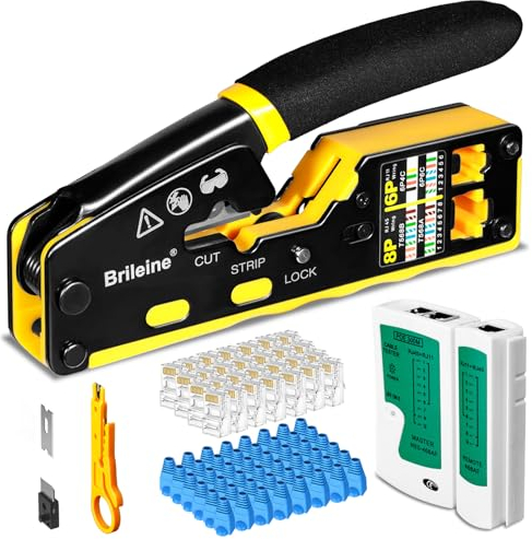 Brileine RJ45 Crimpwerkzeug Kit Ethernet Crimpzange Cat5, Cat5e, Cat6 Crimpwerkzeug für RJ11/RJ12 6P/8P mit Netzwerk LAN Kabeltester, 50 Stück Cat6 Steckverbinder, 50 x Boots, Mini Kabelabisolierer