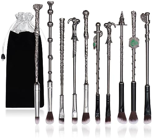 Lot de 10 pinceaux de maquillage Wizard,Manche en métal argenté 3D avec sac à thème,Pinceaux cosmétiques Anime pour poudre, fard à paupières, lèvres, eye-liner,Cadeau pour fille et femme (argenté)
