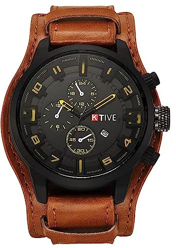 MINILUJIA Big Face Round Dial Men Cool Watches Vintage Retro Steampunk Rock Wide Leather Strap Watch Fashion Cuff Sport Watch Quartz Calendar Wristwatch (Brown)