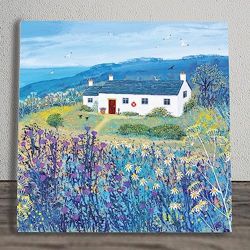 Global Designs Nautical Cottage Ceramic Tile Picture Plaque Sign Wall or Freestanding Floral Art A Place By The Sea By Jo Grundy 20x20cm