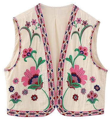 Lyoveu Damen Vintage Blumenstickerei Kurze Weste Jacke Embroidered Waistcoat Women Y2K Vintage Embroidered Vest