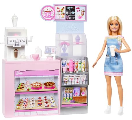 Barbie Coffee Shop Playset with Blonde Barista Doll & 12+ Accessories Including Coffee-Smoothie Maker, Food, Cups & More, HXN94