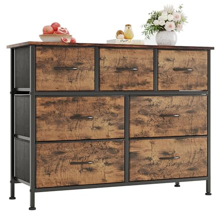 CAIYUN Kommode mit 7 Schubladen aus Stoff, Schubladenschrank, Aufbewahrungsschrank Hoch Holztop Komodenschrank Sideboard Möbel für Schlafzimmer/Wohnzimmer/Flur/Kinderzimmer, Rustikales Braun