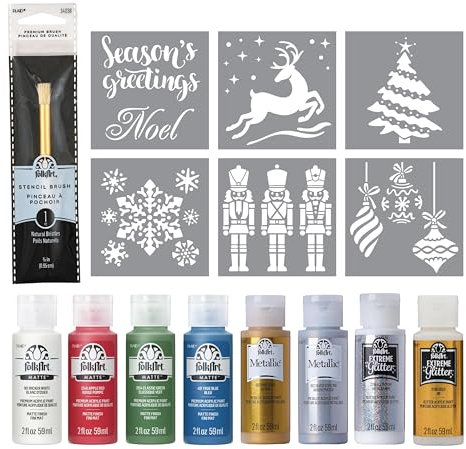 FolkArt Holiday Acrylic Paint Kit, 15 Piece Set Including 6 Stencils and a Premium Brush