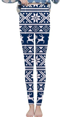 Fleece-gefütterte Leggings, dick, dehnbar, warme Hose, Damen, Herbst, Winter, Samt, warm, Weihnachten, Retro, bedruckt, Heim-Leggings, Weihnachts-Leggings, blau, M