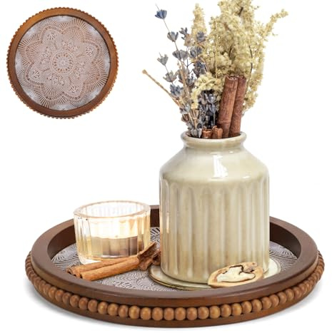 OT-NVWOZR Rund träbricka, dekorativ bricka, trä serveringsbricka, dekorativ bricka, ljusbricka, rustik brun, bordsdekoration, boho, dekoration, vintage, dekoration för kaffe, kök, bord, soffbord 30 cm