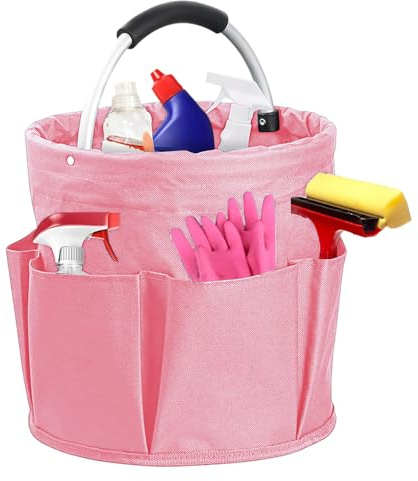 Jonuin Cleaning Caddy with Handle, 11x11in Cleaning Bag Organiser, Multi Pocket Collapsible Cleanings Caddy, Large Capacity Bag, Foldable Cleanings Bucket Organiser for Indoor and Outdoor (Pink)