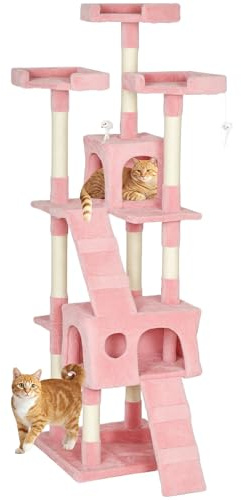PawHut Large Cat Tree, 173 cm Cat Tower with 10 Scratching Posts, 3 Perches, 2 Condos, 1 Ramp, Kitty Climbing Tower, Activity Centre House for Indoor Kittens, Pink