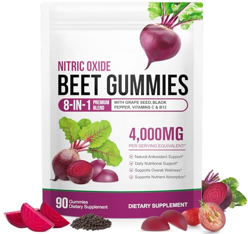 Beetroot Gummies, 90 Gummies 20:1 High-Concentration Beetroot Extract Supplement with Vitamin C, B12, Grape Seed Extract & Black Pepper, Boost Energy Levels, Supports Immune & Heart Health