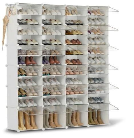 Scarpiera salvaspazio a 44 scomparti con porta, scarpiera modulare in plastica chiusa bianca, mobile per scarpe ingresso fai da te per corridoio camera da letto