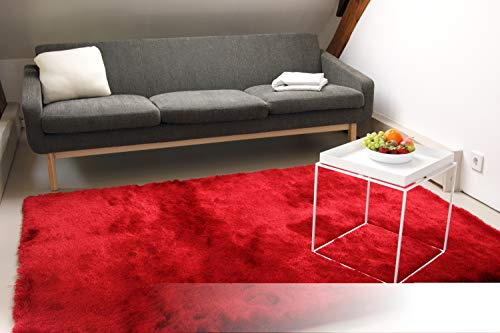 floor factory Exklusiver Hochflor Shaggy Teppich Satin rot 160x230 cm - edler, seidig glänzender Teppich