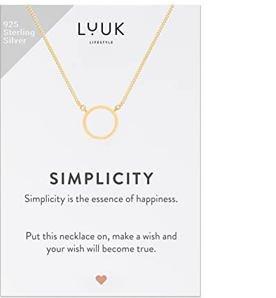 LUUK LIFESTYLE Halskette mit Anhänger Ring I Kreis und Spruchkarte SIMPLICITY, Glücksbringer auf Reise, Modeschmuck aus 925er Sterlingsilber für Frauen, Geschenk für Verlobte, Freundin, Gold