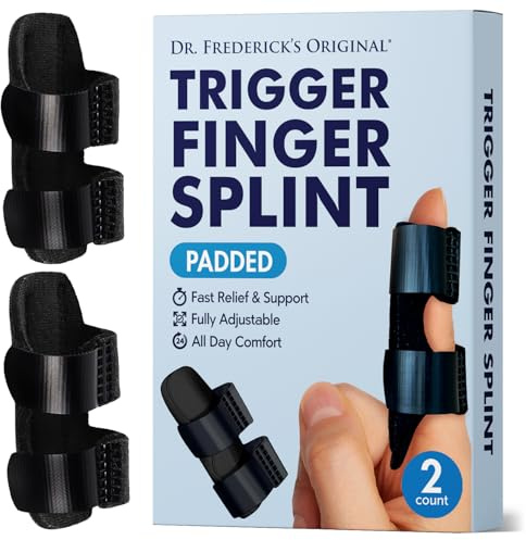 Dr. Frederick's Trigger Finger Splint - 2 ct - HSA/FSA - Index, Middle & Ring Fingers - Padded Brace for Arthritis, Mallet Finger, Tendonitis - Adjustable, Doctor-Developed - Regular Black