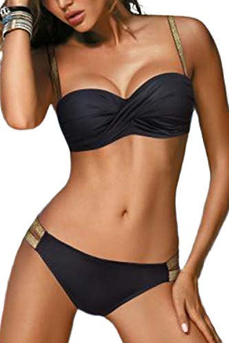 JFAN Dam bikiniset push-up badmode tvådelad bikinibotten med gyllene bälte klassisk bikini, svart, XXL