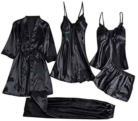LAOLUO Ensemble de Pyjama Femme Sexy Satin Lingerie Confortable, Robe de Chambre Peignoir de Satin avec Ceinture, Bretelle Nuisette Chemise de Nuit, Hauts, Shorts, Pantalon, Lot de 3/4/5, Multicolore