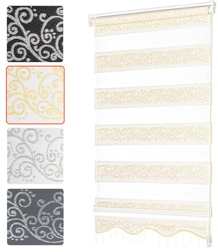 Bailena Doppia tenda a rullo senza fori, 2 in 1, con motivo rampicante, tenda a rullo damascato, ornamenti retrò oro bianco, 80 x 200 cm