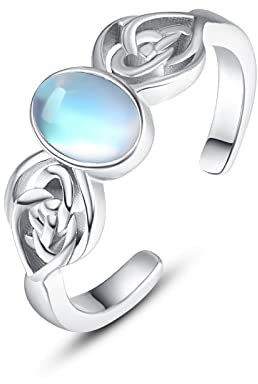 KINGWHYTE keltisch Mondstein Ring für Damen, 925 Sterling Silber Regenbogen-Mondsteinringe, Runder Mondstein Offener Verstellbarer Ringe Verlobungsjubiläum Ehering mit Geschenkbox