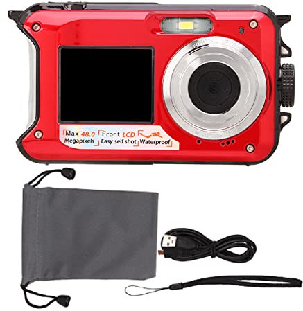 Appareil Photo Numérique étanche, Full HD 2.7K 48MP 10ft Appareil Photo Numérique sous-Marin étanche Zoom Numérique 16X Double écrans Avant Arrière (Rouge)