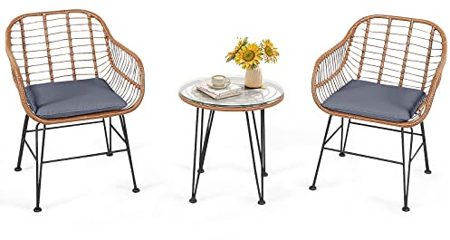 COSTWAY Salon de Jardin Moderne avec Coussins de Siège Moelleux, Ensemble Bistro 3 Pièces avec Table Ronde et 2 Chaises en Rotin pour Patio, Charge Chaise 180KG Table 75KG Intérieur Extérieur (Gris)