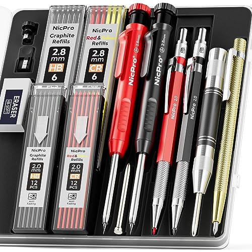 Nicpro 15 Piezas Lápices de Carpintero con Sacapuntas y Estuche, Lápices Mecánico con 40 Recambios, Perforadora Central Automática y Herramienta de Trazado Carburo, Portaminas Resistentes