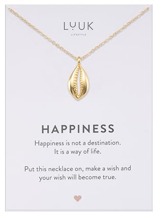 LUUK LIFESTYLE Collana con ciondolo piccola conchiglia e acciaio inossidabile (50cm), con carta HAPPINESS, gioielli semplice, portafortuna, idea regali donna, lei, compleanno, mare, oro