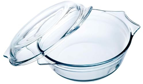 ACAN Tradineur - Cacerola redonda de vidrio borosilicato con tapa, molde, fuente para horno, lasaña, apta para microondas, asar, hornear - 3 litros - 26,5 x 23 x 11,2 cm