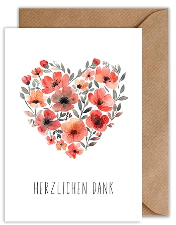 Herzlichen Dank Blumenherz - Dankeskarte mit Umschlag - Dankeschön Karte Abschiedkarte (DIN A6)