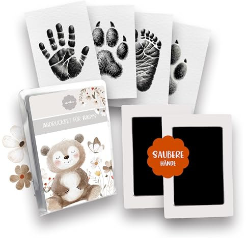 Minilino® Baby Abdruckset | Für Hand- & Fußabdruck ohne Hautkontakt | 0-6 Monate | Clean-Touch Technologie | Inkl. 2 Stempelkissen & 4 Abdruckkarten | Perfekt zur Geburt