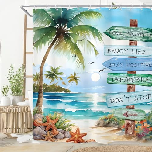 Riyidecor Duschvorhang mit tropischer Palme, Badezimmer-Dekoration, 72 x 72 cm, Strand, Küste, nautisch, Blau, Ozean, Meer, Sonnenuntergang, blaugrün, Strand, Kunst, bedruckter Stoff, Polyester,