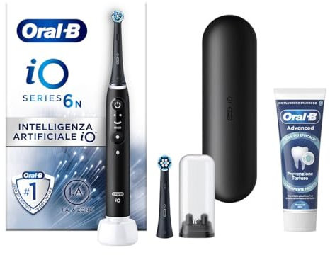 Oral-B Spazzolino Elettrico Ricaricabile iO 6N Nero, 1 Spazzolino Elettrico, 2 Testine Di Ricambio, Custodia Da Viaggio + 1 Dentifricio Oral-B Advanced Prevenzione Tartaro, Pulizia Denti