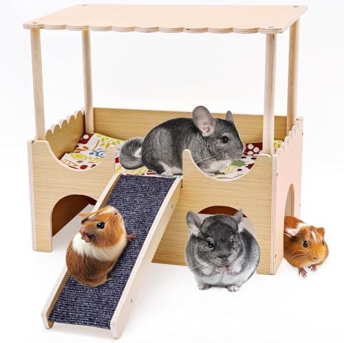 Meerschweinchenburg, großes Holzversteck für Meerschweinchen mit Treppe, 2-stöckiges Kleintierbett, Hamster, Chinchillas und Kaninchen zum Spielen und Verstecken