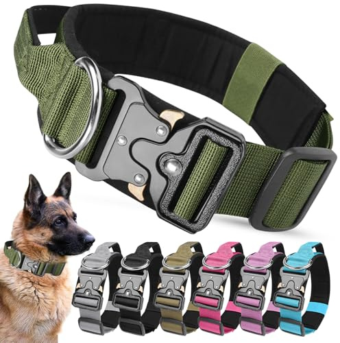 AKOFIC Praktiskt hundhalsband, stort och hållbart hundhalsband med handtag och mjuk stoppning, justerbart och bekvämt halsband för träning av små, medelstora och stora hundar (militärgrön)