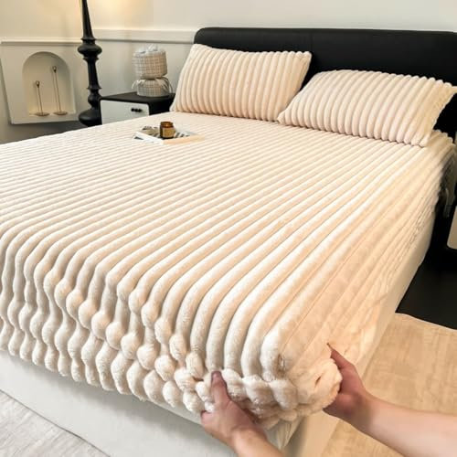 Lirzxin Boxspringbett Spannbettlaken 180x200 cm, Spannleintuch Doppelbett Samt Dickes Einfarbig Strukturen Streifen Matratzenhöhe bis 30 cm Spannbetttücher Winter Atmungsaktives, Beige