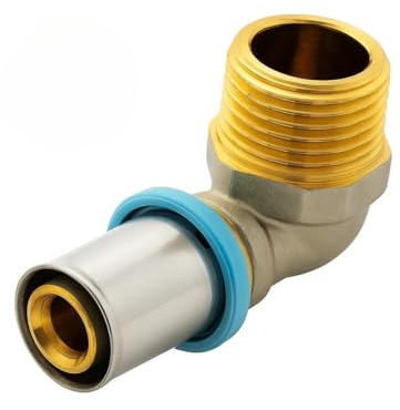 ERFU Gomito maschio 90° a crimpare multistrato - Certificato DVGW, Multi-Profili U/H/TH - Raccordo in ottone filettato affidabile (20 mm x 3/4M)