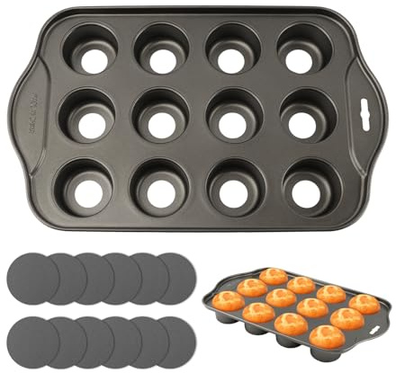 ZESHGON 12 Cup Non-Stick Mini Muffin Tray, Reusable Muffin Pan, Loose Bases Mini Sandwich Tin Baking Tray, Carbon Steel Cupcake Mould with Non Stick Coating, Dishwasher Safe(Black)