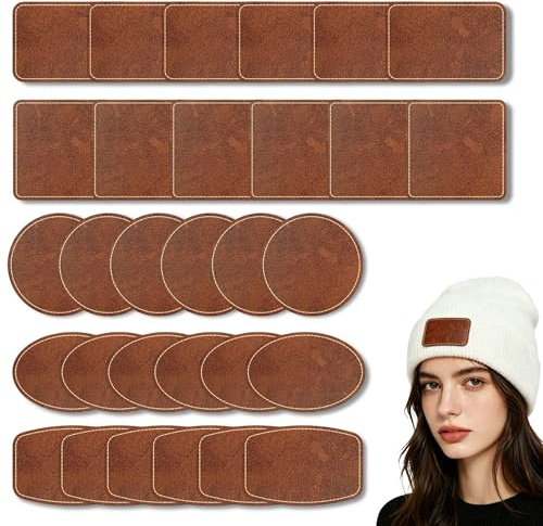 PYSEOSISE Parches de Cuero para Sombreros, 30 Piezas Parches de Cuero Sintético en Blanco, Marrón 5 Formas Parches de Piel Sintética para DIY Gorras Zapatos Vaqueros Chaquetas y Bolsos