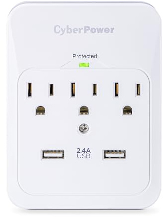 CyberPower CSP300WUR1 Professional Surge Protector, 600J/125V, 3 Outlets, 2 USB Charge Ports (2.1 Amps Shared) Wall Tap Plug