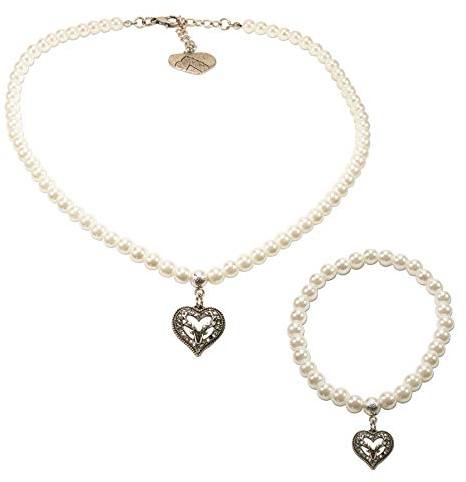 Alpenflüstern Trachtenschmuck-Set Perlen-Trachtenkette und Trachten-Armband Strassherz Hirsch - Damen-Trachten-Schmuck, Trachtenset Dirndl-Kette und Trachten-Armkette creme-weiß SET037