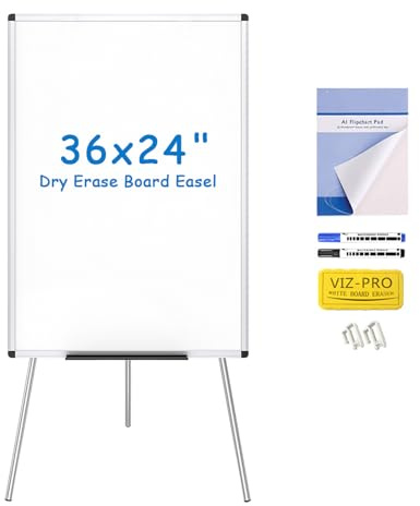 VIZ-PRO Whiteboard Easel, 36 x 24 Inches, Portable Dry Erase Board Height Adjustable With Flipchart Pad
