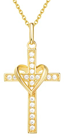 FANCIME Collier Croix Femme Argent 925/1000 Plaqué Or Jaune Chretienne Religieux Infini Coeur Pendentif avec Zircone Cubique - Chaîne Ajustable: 40 + 5 cm