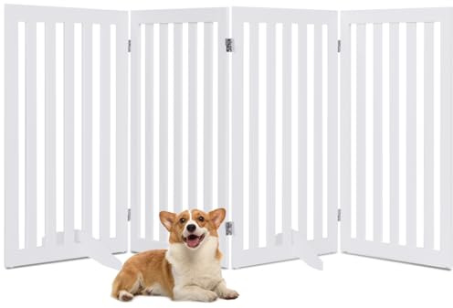 COSTWAY Folding Pet Gate, 89cm Freestanding Wooden Dog Fence with 2 Support Feet, 4/6 Panels Safety Barrier for Doorway, Stairs