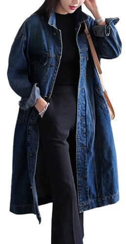 Jofemuho Womens Classic Jean Jacket Plus Size Loose Long Sleeve Button Down Denim Trench Coat Dark Blue S