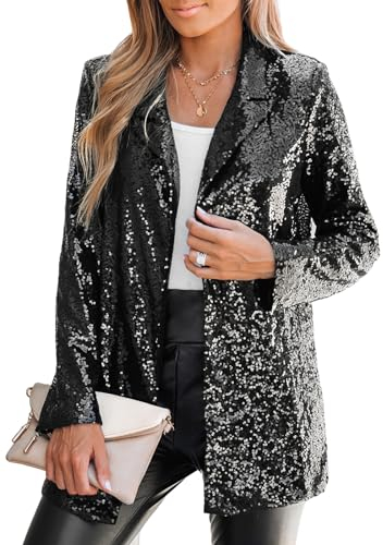 CUPSHE Damen Blazer Pailletten Glitzer Jacke Revers Langarm Vorne Offen Party Festlich Cardigan Outwear Schwarz L