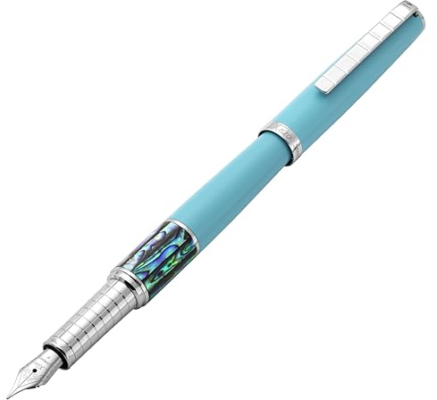 Xezo Speed Master Stylo plume, plume fine. Bleu ciel mat avec coquille de Pāua abalone. Plaqué chrome. Corps en laiton léger. Chaque pièce unique