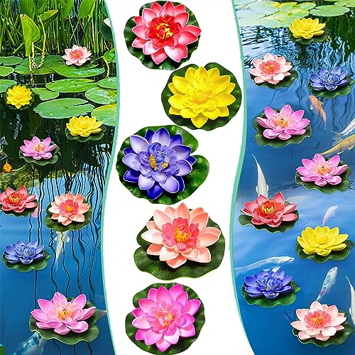 Simsky Lot de 5 Fleurs de Lotus Artificielles Flottantes, 10 cm Nenuphar Flottant Fleurs Artificielles, Nénuphars Artificiels, Lotus Artificielle avec des Feuilles, Lotus Artificielles Flottantes