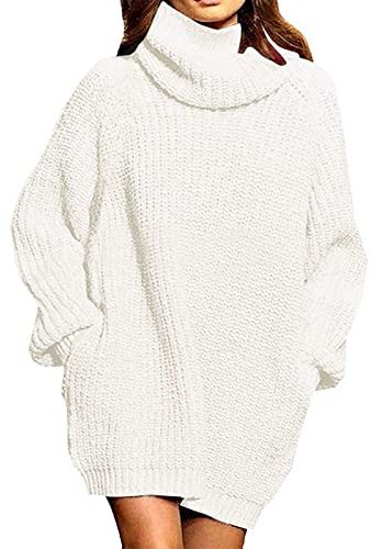 AMDOLE Robe Blanche pour Femme Femmes Automne et Hiver à Manches Longues col Haut Pull Femmes Longueur Moyenne Robe à Tricoter Robe Grossesse (White, M)