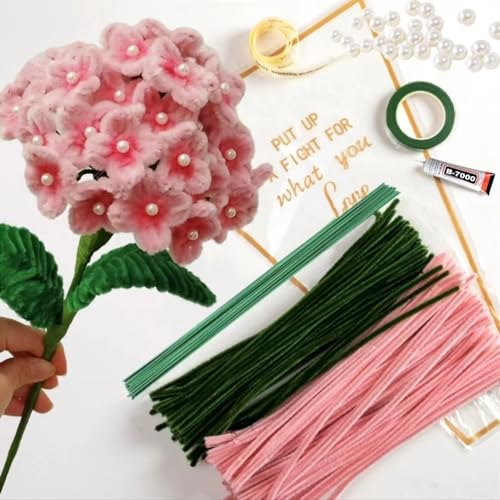 Dunkelrosa Blumenstrauß Pfeifenreiniger Set mit 150 Stück Pfeifenputzer Bunt mit 2 Farben（Dunkelrosa,Grün),8 Grün Basteldraht,40 Perles,40 Corolla,Geschenkpapier,Geschenkband, Klebeband