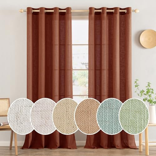 MIULEE Gardinen Vorhänge mit ösen Voile Vorhang kurz Modern Leinenoptik Halbtransparent Ösenvorhang für Wohnzimmer Kinderzimmer Raumteiler 2er Set Ziegelrot 245x140 cm