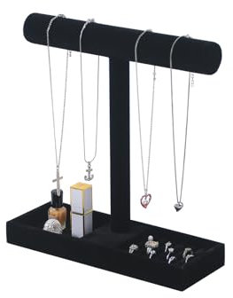 Justsoso Multi-Use Jewelry Holder Stand, Necklace Bracelet Ring Organizer Stand, Scrunchie Watches Velvet Jewelry Holder Stand With Tray for Women Girls Home Use (Black Color)